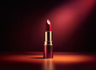 Poster - A single tube of deep red lipstick stands in a dramatic spotlight against a dark, moody background.  Its metallic casing gleams subtly. The rich color contrasts beautifully with the deep shadows.