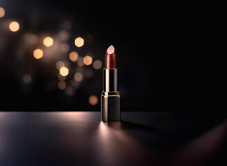 Aufkleber - A single lipstick stands on a dark reflective surface, illuminated by warm bokeh lights in the background.  The lipstick has a dark red hue with a subtle sheen.
