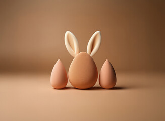 Leinwandbilder - A light brown egg with bunny ears sits between two smaller, teardrop-shaped eggs against a matching background.  A minimalist Easter scene.
