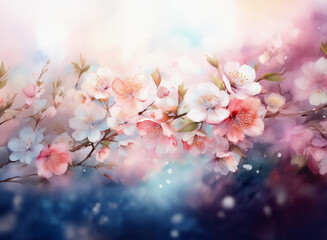 Fototapete - Soft watercolor painting of delicate pink and white blossoms on a branch.  A dreamy, pastel background evokes a sense of spring.