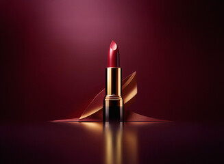 Aufkleber - A single tube of dark red lipstick stands elegantly on a rich burgundy background, accented by gold fabric draping around its base.  The luxurious setting enhances its glamorous appeal.