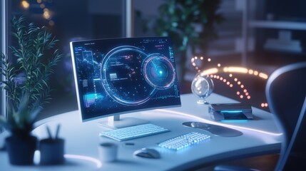 Poster - Futuristic Holographic Computer Interface with Data Analytics Dashboard