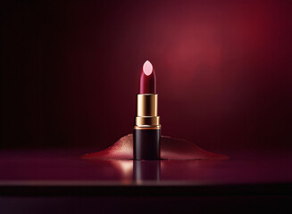 Aufkleber - A single lipstick stands upright on a reflective surface, its rich, dark red color contrasting beautifully against the deep maroon background.  The subtle lighting highlights its luxurious sheen.