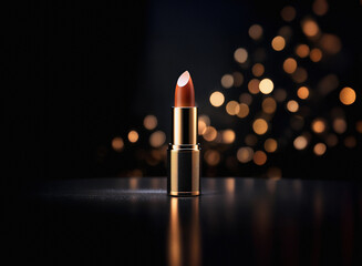 Aufkleber - A single tube of lipstick with a dark reddish-brown hue stands on a reflective surface against a bokeh backdrop of warm gold lights.  The elegant, minimalist setting highlights the product's luxurious