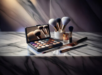 Poster - A luxurious eyeshadow palette and a set of makeup brushes rest on a marble surface, reflecting soft light.  The scene evokes elegance and sophistication.