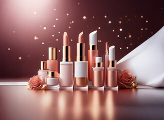 Poster - Elegant collection of skincare and makeup products in soft pink and gold tones, artfully arranged with rose accents against a rich burgundy backdrop.  Subtle lighting enhances the luxurious feel.