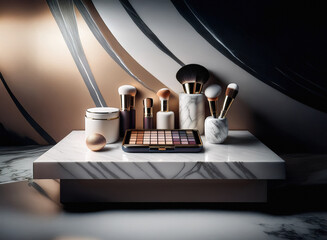 Poster - Luxurious makeup brushes and cosmetics arranged on an elegant marble display.  Subtle lighting and curved background create a sophisticated aesthetic.