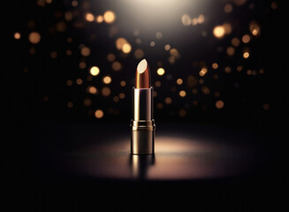 Aufkleber - A single lipstick stands elegantly on a dark surface, illuminated by a spotlight and surrounded by sparkling golden bokeh.  The scene evokes luxury and glamour.