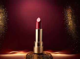 Poster - A luxurious dark red lipstick stands elegantly on a golden, shimmering surface, illuminated by golden particles, creating a rich, glamorous atmosphere.