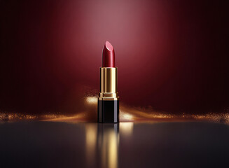 Poster - A single tube of dark red lipstick stands elegantly on a reflective surface, dramatically lit against a deep burgundy backdrop with a shimmering gold accent.  The image evokes luxury and beauty.