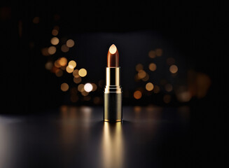 Poster - A single lipstick stands upright against a dark background shimmering with bokeh lights.  Its metallic casing reflects the ambient light. The focus is sharply on the lipstick.