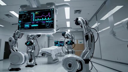 Poster - Advanced robotic surgical system working in modern medical facility with real-time monitoring and control