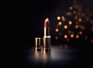 Poster - A single tube of dark red lipstick with gold casing sits on a reflective surface against a bokeh background of warm lights.  The cap is detached, showing the lipstick bullet.