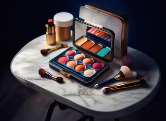 Poster - Elegant makeup collection displayed on a marble table.  A palette of warm-toned eyeshadows and blushes is the centerpiece, surrounded by brushes and other cosmetics.  Luxurious gold and blue accents e