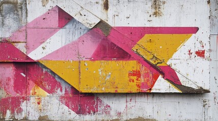 Poster - Geometric shapes on a weathered wall with pink yellow and white paint creating a modern art