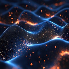 Poster - Abstract digital wave with glowing orange particles on dark blue background modern art
