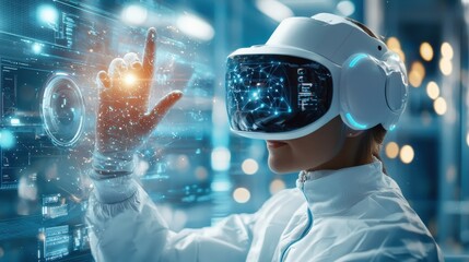 Poster - Scientist Interacting with Futuristic Virtual Reality Technology in Illuminated Workspace