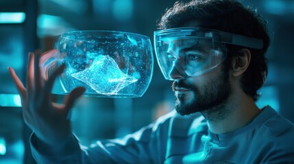 Poster - Futuristic Man Interacting with Holographic Glass Display