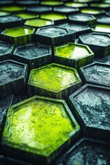 Poster - Abstract geometric pattern with green and gray hexagonal shapes in a close up perspective