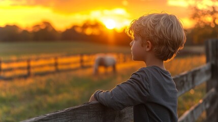 Poster - A young boy stands by a wooden fence, watching the vibrant sunset. The sky is filled with warm colors as a horse grazes in the background, creating a serene atmosphere.