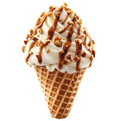Aufkleber - A waffle cone filled with vanilla ice cream topped with caramel and pecans is shown against a black background.