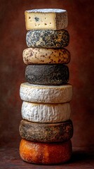 Poster - Stack of various cheese wheels on a dark background food photography gourmet dairy product