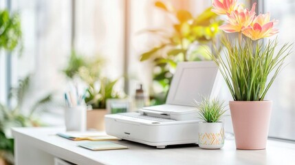 Poster - Minimalist Home Office Workspace with Laptop Computer and Potted Plants on Wooden Desk