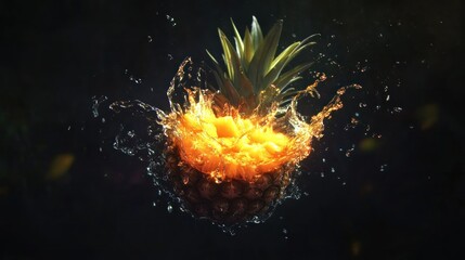 Wall Mural - Juicy pineapple splashing, dark background, food photography