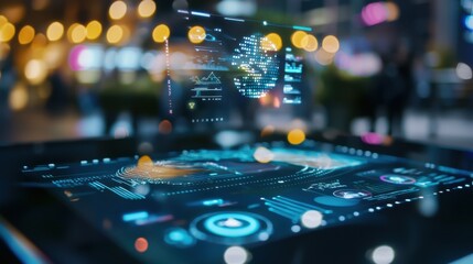 Poster - futuristic digital interface with holographic data visualization and analytical projections