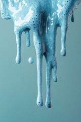 Poster - Blue soap liquid dripping with bubbles against a solid background in a studio setting