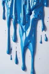 Poster - Blue paint dripping down a white surface creating an abstract design with glossy texture