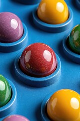 Poster - Colorful rounded buttons on blue surface close up view with red sphere at center focus