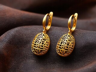 handmade products jewelry luxury. Fine gold earrings with intricate filigree work, highlighting attention to detail and opulence