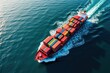 © SimpleDesignStudio - Aerial View of a Majestic Cargo Ship Transporting Colorful Containers Across a Glimmering Ocean, Showcasing the Essence of Maritime Trade and Global Commerce