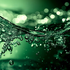 Aufkleber - dynamic close-up of green liquid with bubbles and water droplets in motion, showcasing energy, fresh