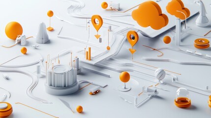 Poster - Vibrant Geometric Art Composition with Floating Orange Shapes and Elements on White Background