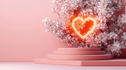 Poster - Minimal Pink Coral Backdrop with Glowing Neon Heart and Blossoms for Romantic and Elegant Themes