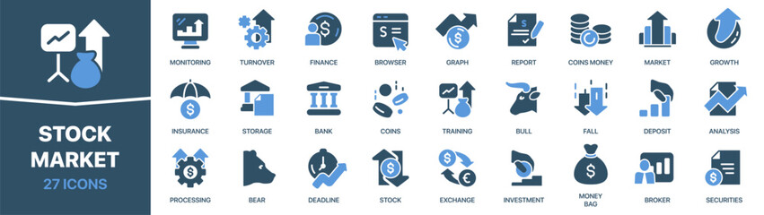 Aufkleber - Stock market colored signed icon collection. Finance, graph, deposit, money, broker icons. UI icon set. Colored icons pack. Vector illustration