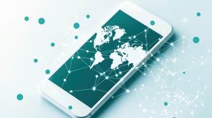 Poster - Digital Network Global Connectivity World Map Geometric Abstract Minimal Blue Green Background
