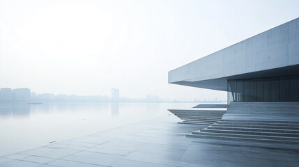 Poster - Modern architectural building with sleek lines and large glass windows by the water, surrounded by a city skyline and a foggy atmosphere, symbolizing clean design and urban minimalism.