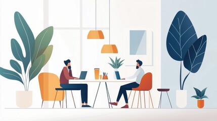Poster - Coworkers Collaborating in Bright and Airy Shared Workspace with Modern Furnishings and Decor