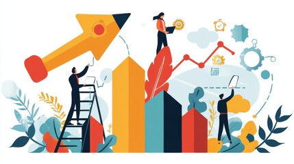 Poster - Business Growth Development and Success Illustrated with Teamwork Arrows and Stairs