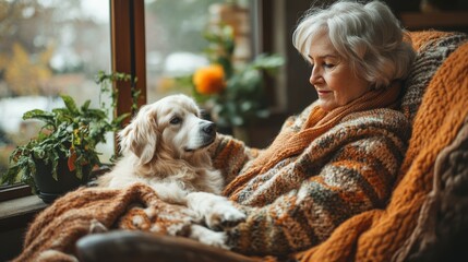 Poster - A senior woman sits in a comfortable chair by the window, wrapped in warm blankets while gently stroking her golden retriever, creating a peaceful atmosphere.