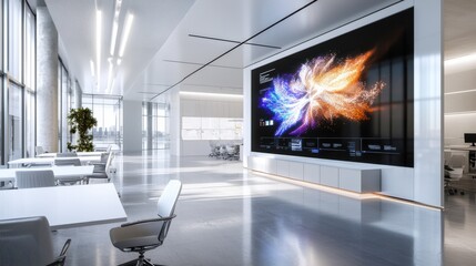 Poster - Minimalist and Bright Open Plan Office Interior with Large Digital Display Wall