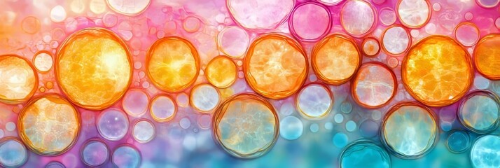 Poster - Colorful Bacteria Cells, Microscopic View, Orange, Pink, Blue Background, Detailed Illustration