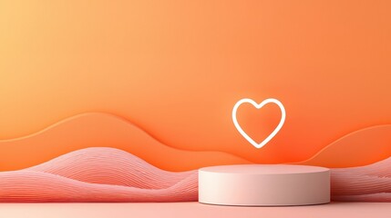 Poster - Elegant Orange and Pink Gradient Sunset Background with Soft Waves and Heart Icon for Creative Projects