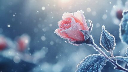 Poster - Frost-covered pink rosebud and leaves in a serene winter setting, symbolizing the delicate beauty and resilience of nature during the cold season.