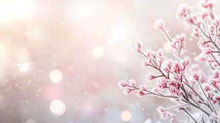 Poster - Frost-covered pink blossoms on delicate branches in a dreamy winter background, symbolizing the quiet beauty and serenity of nature during the cold season.