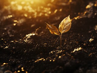 Aufkleber - New Plant Growth Emerging from Dark Soil during Golden Hour Light