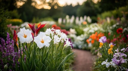 Wall Mural - Vibrant Blooming Flowers in Lush Green Garden Landscape at Sunset